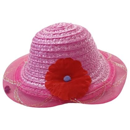Girl's Pink With Front Red Flower Fancy Summer Cap For 3-6 Month