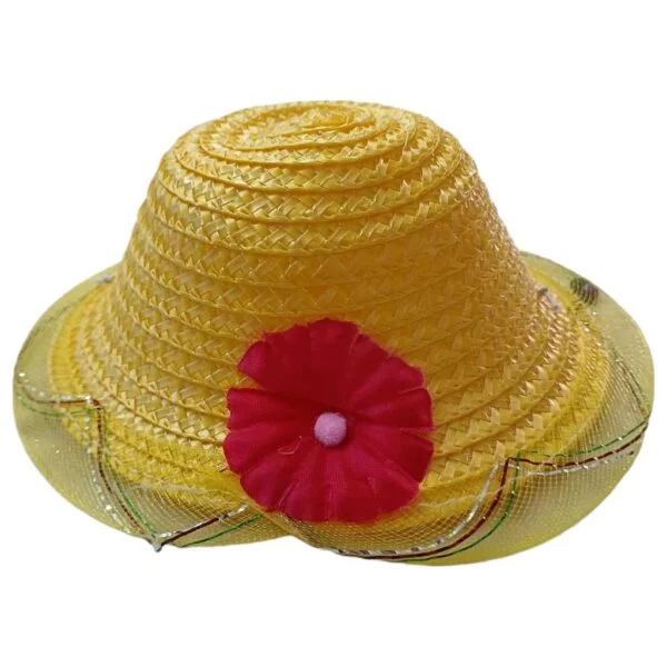 Girl's Red Flower Design Fancy Golden Yellow Summer Cap For 3-6 Month