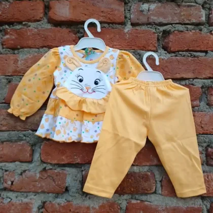 Amber Bettle Bear Friend Printed And Cat Face Hanging Frock And Pyjama