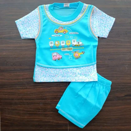 Aqua color Baba Suit Double Layered Printed T-Shirt With Half Pant