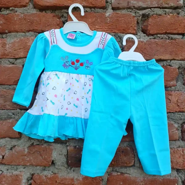 Baby Girl Cotton Aqua Color Full Sleeve Double Layered Frock With Pyjama