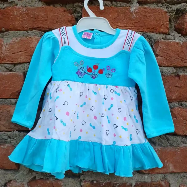 Baby Girl Cotton Aqua Color Full Sleeve Double Layered Frock With Pyjama1