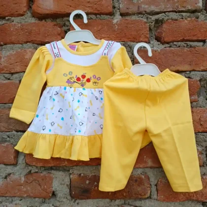 Baby Girl Cotton Yellow Color Double Layered Frock with Pyjama