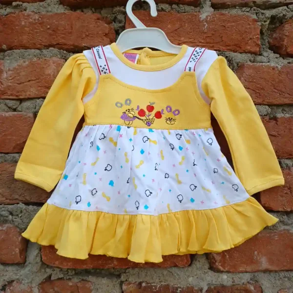Baby Girl Cotton Yellow Color Double Layered Frock with Pyjama1