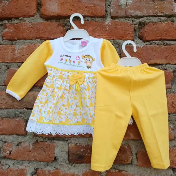 Baby Girl Cotton Yellow Color Embroidered Frock With Pyjama