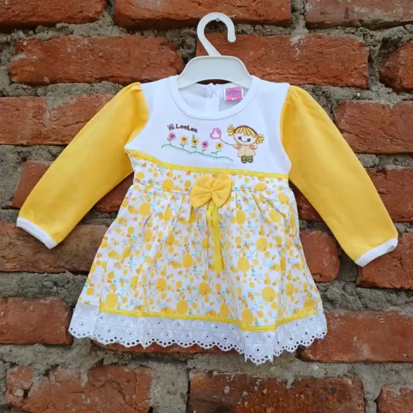 Baby Girl Cotton Yellow Color Embroidered Frock With Pyjama1