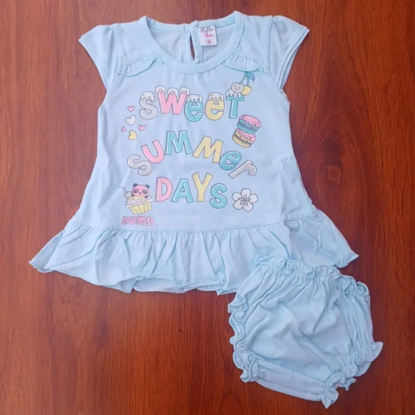 Baby Girl Vintage Azure Color Sleeveless Printed Frock With Bloomer