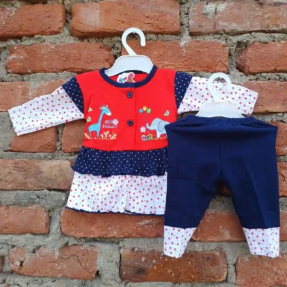 Baby Girls Animal Dot and Blue Flower Print Sleeves Frock Red Pyjama