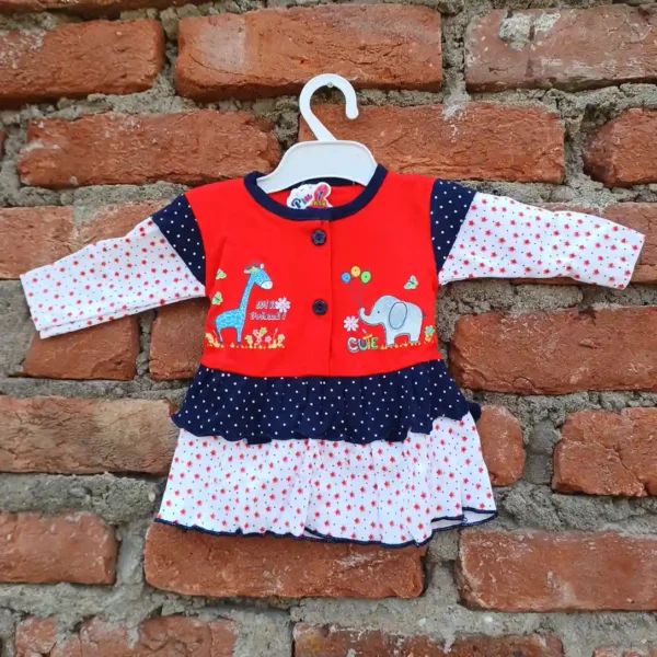 Baby Girls Animal Dot and Blue Flower Print Sleeves Frock Red Pyjama1