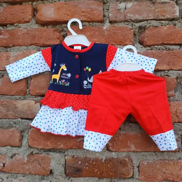 Baby Girls Red Navy White Print Full Sleeves Frock and Pyjama