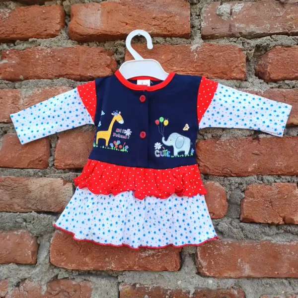 Baby Girls Red Navy White Print Full Sleeves Frock and Pyjama1