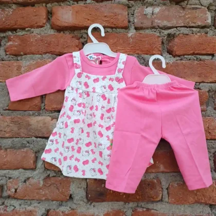 Baby Girls Rose Pink T-Shirt Frock Strip Cat Printed and Pant