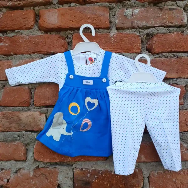 Baby Girls White Sleeves Blue Dot Print T-Shirt Frock Style Dress and Pant