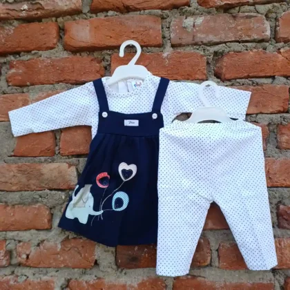 Baby Girls White Sleeves Denim Dot Print T-Shirt Frock Strip and Pant