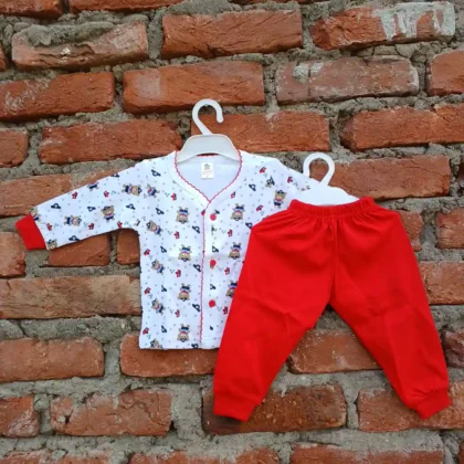 Bear Ship Printed V Neck Full Sleeves T Shirt And Red Pyjama