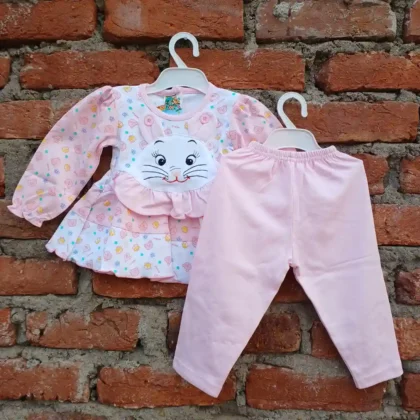 Bettle Bear Friend Printed And Cat Face Hanging Frock And Pyjama