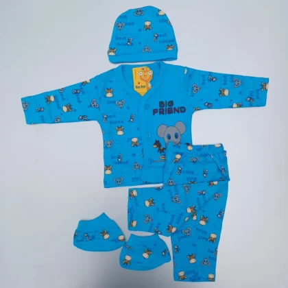 Blue Cotton animal Printed Tee With V Neck plus Pyjama Cap Socks