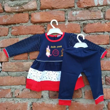 Cotton Dot Full Sleeve Navy White and Red Embroidery Frock Top with Pyjama
