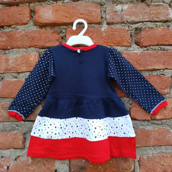 Cotton Dot Full Sleeve Navy White and Red Embroidery Frock Top with Pyjama