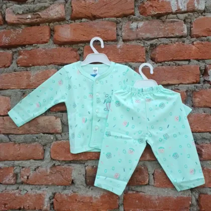 Cotton Popcorn Printed AquaMarine Full Sleeves Tshirt and Long Pyjama