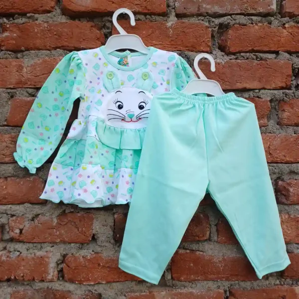 Cyan Color Bettle Bear Friend Printed And Cat Face Hanging Frock And Pyjama