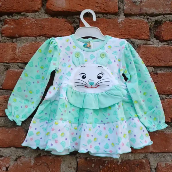 Cyan Color Bettle Bear Friend Printed And Cat Face Hanging Frock And Pyjama1