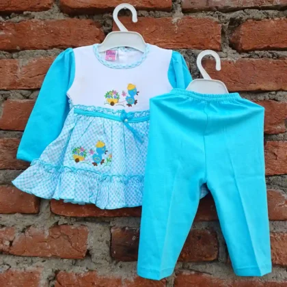 Duck And Flower Cart Embroidery Square Check Print Girls Daily Wear