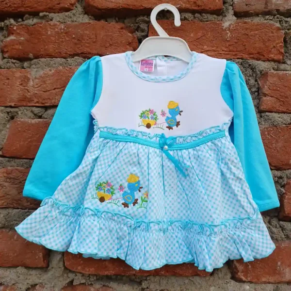 Duck And Flower Cart Embroidery Square Check Print Girls Daily Wear1