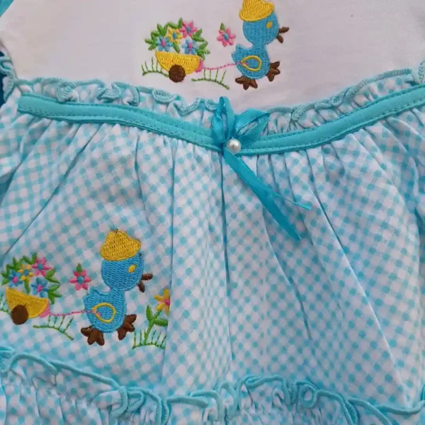 Duck And Flower Cart Embroidery Square Check Print Girls Daily Wear4