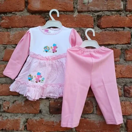 Duck With Flower Cart Embroidery Square Check Print Frock And Pyjama