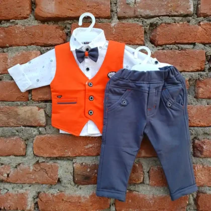 Full Sleeve White Printed Shirt With Rust Color Waist Coat And Slate Grey Stretchable Pyjama1