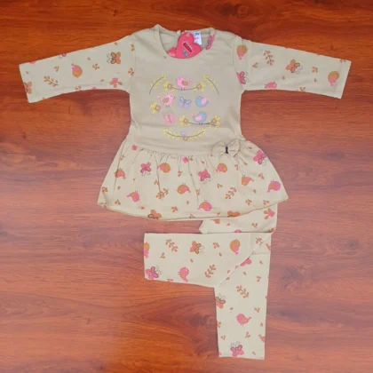 Girl Cotton Golden Brown Bird Butterfly Printed Frock and Pyjama