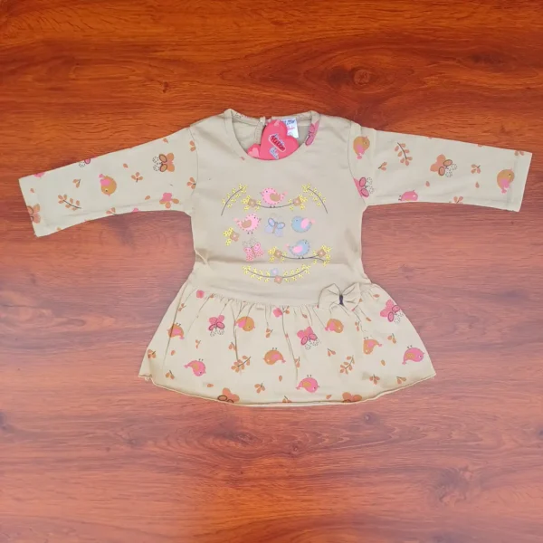 Girl Cotton Golden Brown Bird Butterfly Printed Frock and Pyjama1