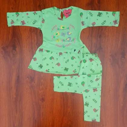 Girl Cotton Light Green Little Bird Butterfly Printed Frock and Pyjamas