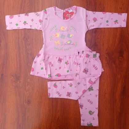 Girl Cotton Light Pink Bird and Butterfly Printed Frock Top and Pyjama