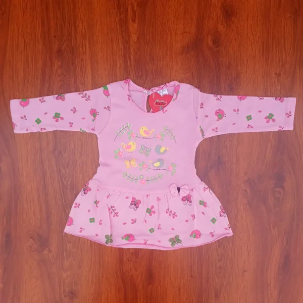 Girl Cotton Light Pink Bird and Butterfly Printed Frock Top and Pyjama1