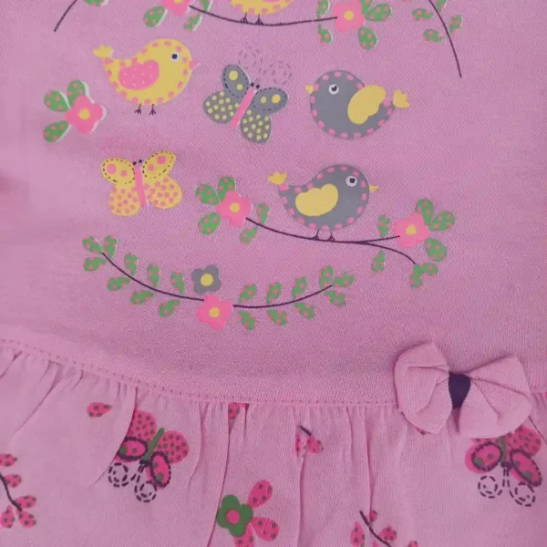 Girl Cotton Light Pink Bird and Butterfly Printed Frock Top and Pyjama3