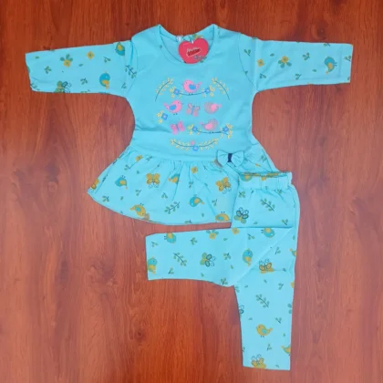 Girl Cotton Sky Color Bird and Butterfly Printed Frock Top and Pyjama