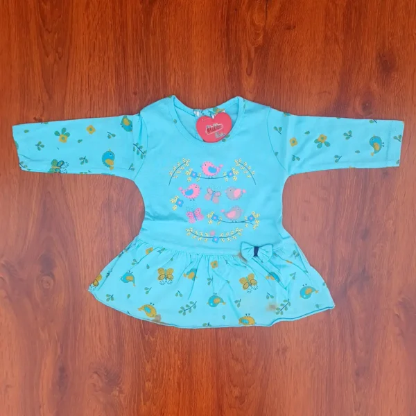 Girl Cotton Sky Color Bird and Butterfly Printed Frock Top and Pyjama1