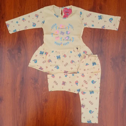 Girl Cotton Wheat Color Bird and Butterfly Printed Frock Top and Pyjama