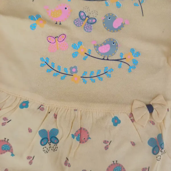Girl Cotton Wheat Color Bird and Butterfly Printed Frock Top and Pyjama3
