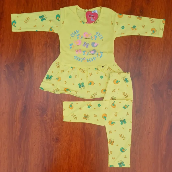 Girl Cotton Yellow Bird and Butterfly Printed Frock Top and Pyjamas