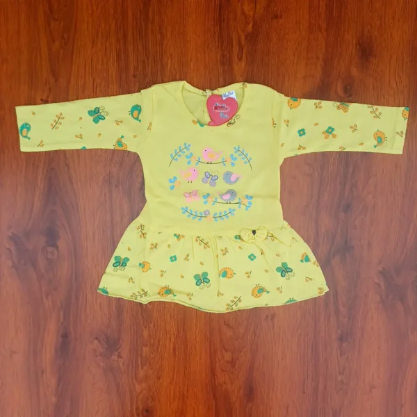 Girl Cotton Yellow Bird and Butterfly Printed Frock Top and Pyjamas1