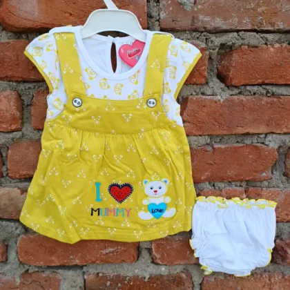 Girl Dangri Golden Yellow White Teddy Printed Frock With Bloomer