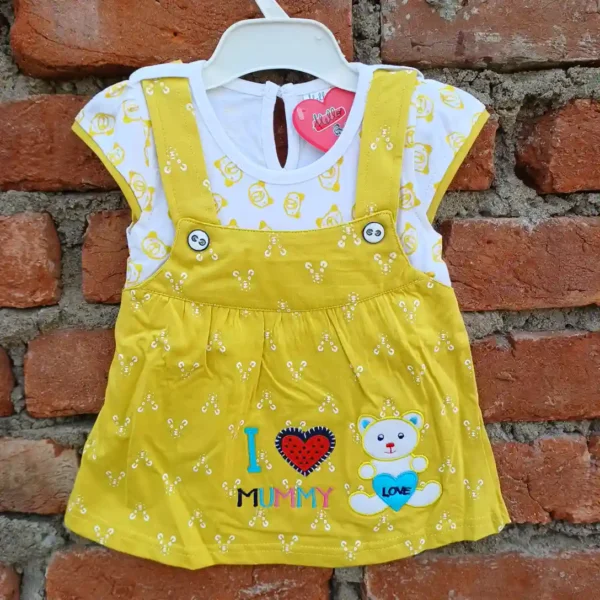 Girl Dangri Golden Yellow White Teddy Printed Frock With Bloomer1