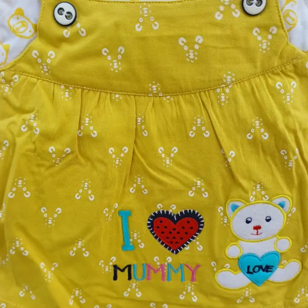 Girl Dangri Golden Yellow White Teddy Printed Frock With Bloomer2