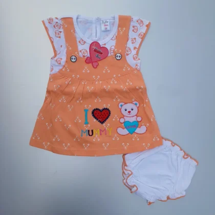 Girl Dangri Orange White Color Teddy Printed Frock With Bloomer