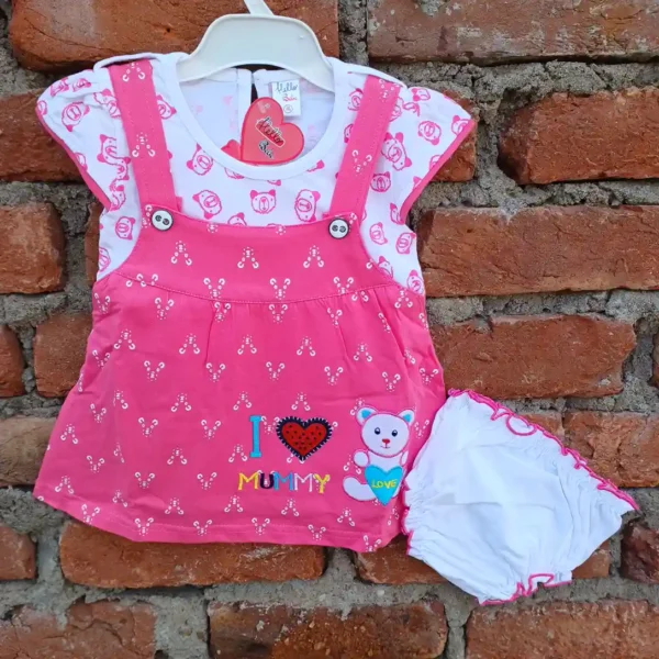 Girl Dangri Pink-White Teddy Printed Frock With Bloomer