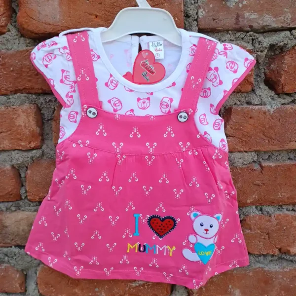 Girl Dangri Pink-White Teddy Printed Frock With Bloomer