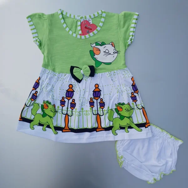Girl Light Green White Color Cat Printed Sleeve Frock With Bloomer